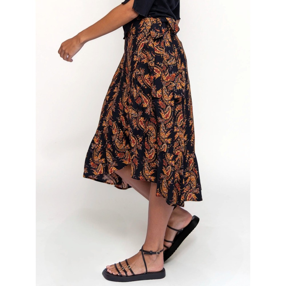 Natural Life S Sabrina Ruffle Wrap Skirt Black‎ Orange Paisley Boho Midi NWT